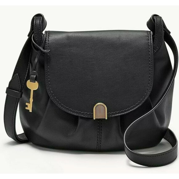 S Fossil Gigi Flap Crossbody Bag Black Leather ZB1496001 Key Charm